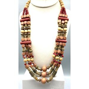 Muted Multi Strand Drape Necklace with Boho Wood Beads in Different Shapes